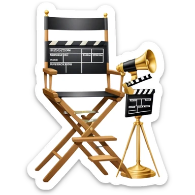 Icon for Directing: professional collage with director's chair, a film slate, a megaphone and an Oscar statuette. The icon should represent the creative and leadership aspects of directing, with focus on film and theater production. Transparent background. sticker