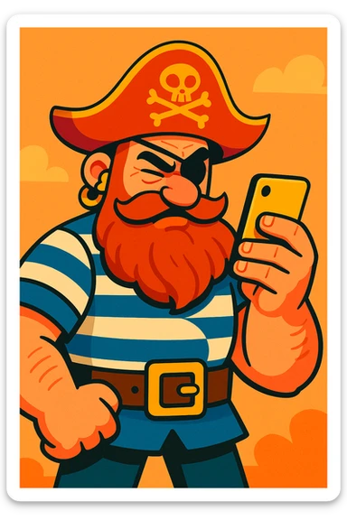 vibrant toon style pirate with a bushy beard and striped shirt, squinting at a phone, exaggerated features sticker
