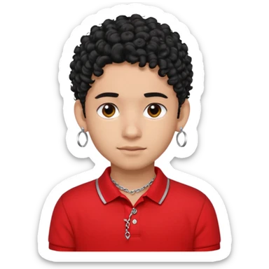 teen boy, indian, black curly hair, undercut hairstyle, silver earring in one ear, red polo shirt, silver chain sticker