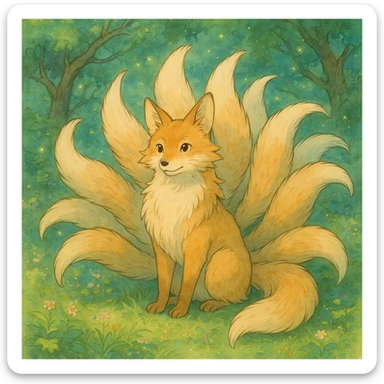 a fox with nine tails, ghibli style sticker