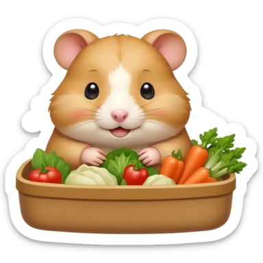 Cute chubby cartoon-style hamster holding a small bento box filled with vegetables, smiling proudly. Soft painterly shading, white background, sticker-style illustration sticker