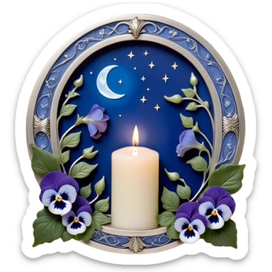 A peaceful sanctuary under the glow of a silver crescent moon, where lush blue pansies bloom in a secluded garden. The pearl-colored candle, adorned with delicate engravings, flickers with a soft luminescence, its wax melting into artistic patterns. Silver ivy vines weave through the flowers, catching the moon’s glow. A gentle breeze lifts tiny petals into the air, creating a serene and poetic atmosphere, while subtle celestial runes appear faintly in the candle’s light. sticker