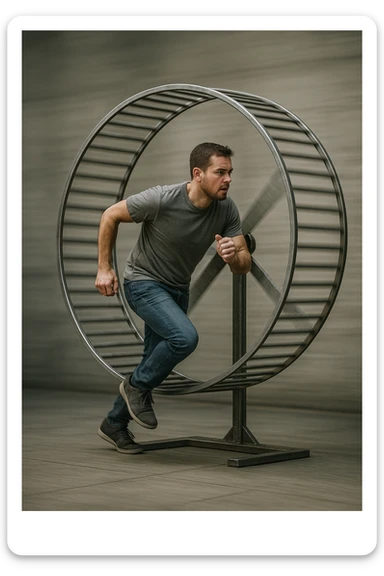 uomo che corre dentro la ruota del criceto come un circolo vizioso immagine realistica sticker
