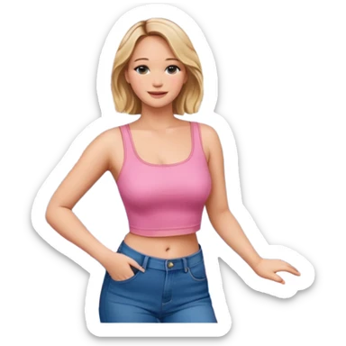 jennifer lawrence, pink crop top, and blue jeans, leaning on a balcony with a harbor and cityscape in the background, smiling sticker