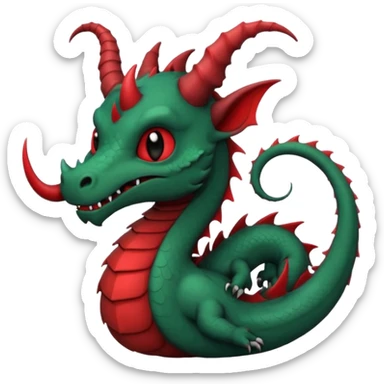 cute-but-dark dragon emoji, Burtonesque gothic illustration,  muted palette with single accent (blood red or emerald), spiral horns, simple silhouette readable at 72x72, hand-drawn texture, minimal details, round sticker composition, --ar 1:1 sticker