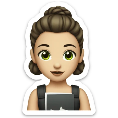 young girl with brunette hair tied up in a high bun and brunette hair, light green eyes  is holding a sign with a big 10 sticker