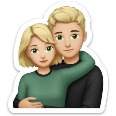 couple hugging.  girl is blonde with wavy hair. man is tall with dark hair in a crew cut. both have green eyes. both are white people. sticker