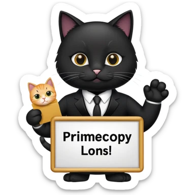 Cat in a black suit holding a sign with the inscription "PrimeCopy" sticker