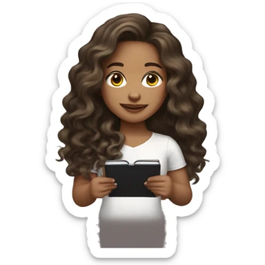 Light skin girl with long wavy brunette hair holding a kindle sticker