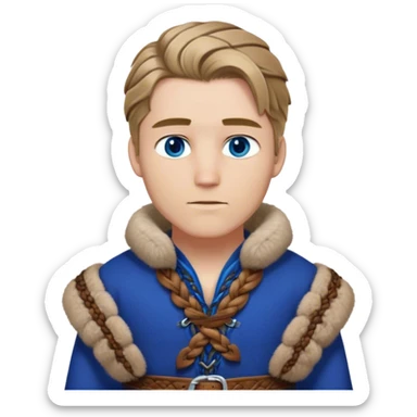 Medieval winter outfit worn by a DnD themed fantasy male character. Double-thick russet wool tunic with mink fur trim, featuring carved wooden toggles and a wide braided leather belt. Clothes only above the waist, full waist coverage. The character has no arms. Character is white-skinned with dark blonde hair, sapphire blue eyes, and medium-length straight hair touched by winter frost. sticker