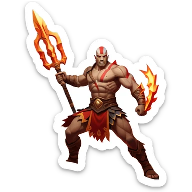 An icon showing a powerful warrior wielding a weapon, ready for battle, inspired by God of War: Ragnarok. The design features a fiery, war-torn landscape with broken statues and lightning in the sky, symbolizing epic combat. Transparent background highlights the action. sticker
