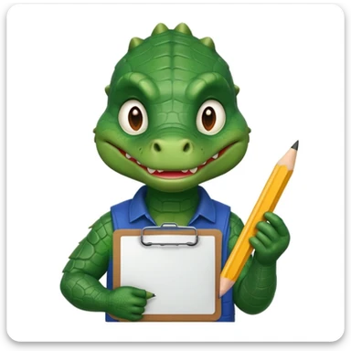 A gator with a serious face holding a clipboard and a pencil, offwhite background sticker