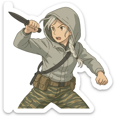1 female, mid-20's  white hair long braid, gold yellow eyes, light gray rainproof waterproof tactical jacket, hood up, tight-fitting single point sling, tan mag pouches on belt rig, tiger stripe camo pants, holding a combat blade, striking, swinging sticker