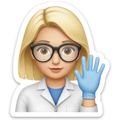 Eine hellblonde Chemikerin mit Kittel, Handschuhen, großer Labor-Sicherheitsbrille und typischem Erlmeyerkolben in der Hand, weißer Hintergrund sticker