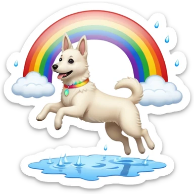 White belgian Shepard jumping Cheerful  over Rain puddles. There is a rainbow in the sky sticker