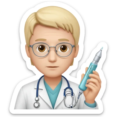 doctor of medicine holding very big lancet sticker