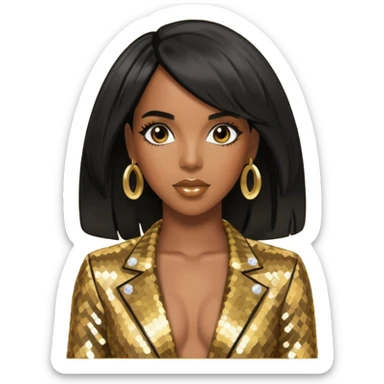 Kelly Rowland with black hair, gold sequin outfit sticker