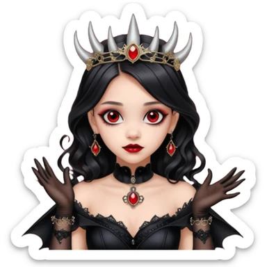 Lavish black evening gown with see-through gloves, Jenna Ortega as Addams woman wearing a steampunk mini tiara, very large blood red evil-looking horned old dragon evil eyes  sticker