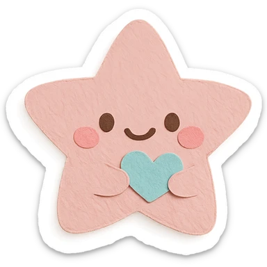 smiling pastel pink star clutching a small pastel heart, no arms or legs, full body, transparent background, kawaii paper craft style sticker