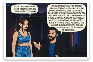 TRASFORMA QUESTO CAROSELLO IN UN FUMETTO CON QUESTE DUE PERSONE IDENTICHE CHE INTERLOQUISCONO TRA LORO:

LEI: Ho la cellulite anche se mi alleno e mangio bene, cosa posso fare?

LUI: Hai controllato il tuo baricentro corporeo?
Sapevi che se il peso del tuo corpo cade in avanti o da un lato, c’è un disallineamento fra bacino e torace, che comprimendo le coste, limita la motilità del diaframma e l’ossigenazione dei tessuti?
Il mio è il primo e unico percorso che lavora sugli inestetismi con un lavoro mirato sul baricentro corporeo. sticker