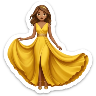 Woman using a long elegant yellow dress. She has medium skin tone and a brown with gold makeup sticker