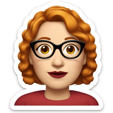 middle age woman with wrinkles with red wavy bobcut and black cateye glasses, pale skin and red lipstic sticker