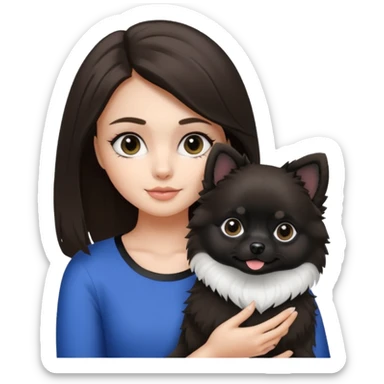 A brunette hair girl holding a black and white 1 Pomeranian dog who has black face but in the middle it’s white line sticker