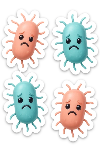 emoji stile iphone di batteri intestinali rosa salmone e turchesi con espressione triste che fluttuano in aria, iperrealistico 4k, isolato su sfondo bianco sticker