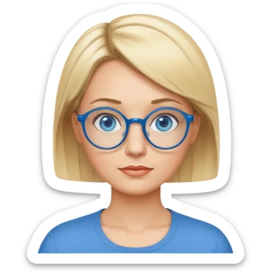 femme 40 ans cheveux très courts blond avec raie sur le coté, yeux bleu et lunettes rondes bleues sticker