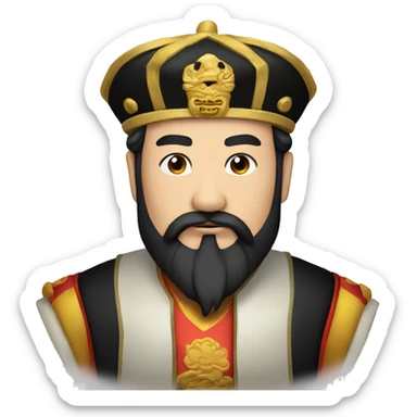 The Chinese emperor,with black hair and black beard,wore a high black golden hat  sticker