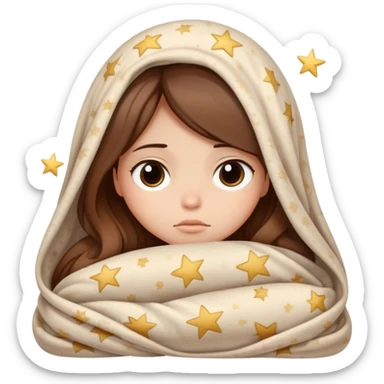 Sleepy girl with long brown hair wrapped like a burrito in a blanket, eyes half-open elegant stars  sticker