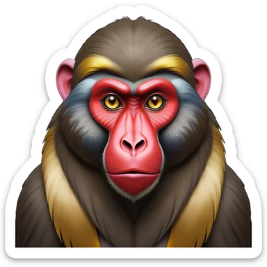 Cinematic Noble Mandrill baboon Portrait Emoji, Poised and regal, with a striking, powerful build and a vivid, deep-set soulful eyes, Simplified yet sharp and sophisticated features, highly detailed, glowing with a vibrant, dignified glow, high shine, intelligent and commanding, stylized with an air of exotic majesty, focused and attentive, soft glowing outline, capturing the essence of a watchful and confident primate, so majestic it feels as though it could step out of the screen with effortless authority! sticker