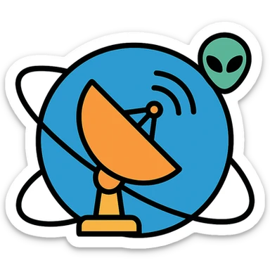 NASA-style symbolic logo for extraterrestrial intelligence search, radio dish, orbit lines, subtle alien motif, modern emblem style sticker