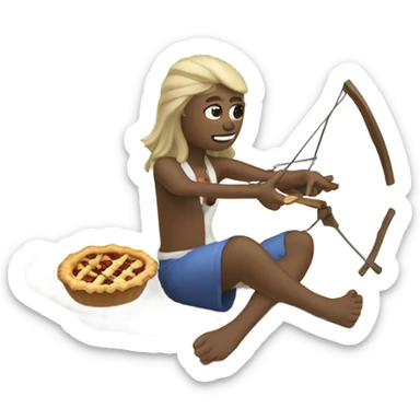 An emoji with a background of a New Zealand beach in summer with a pohutakawa tree and New Zealand native beach, there's a someone eating a pie on the beach holding a crossbow and arrow sticker