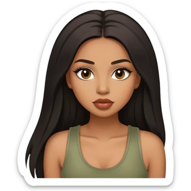 light brown skin tone, very beautiful woman, with big plump lips, long long lashes, black straight long hair, brown eyes, sage tank top sticker