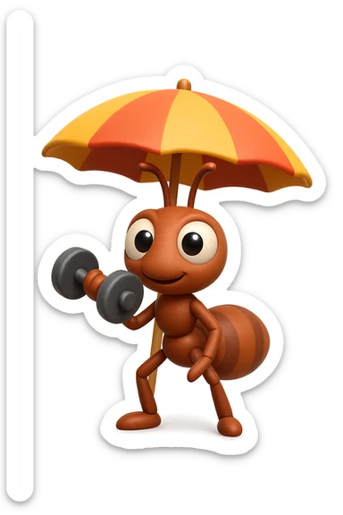 EMOJI STILE IPHONE 3D DI una formica che si allena sotto l'ombrellone in spiaggia con un manubrio da palestra in mano, fagli anche la parte bianca degli occhi, non solo la pupilla sticker