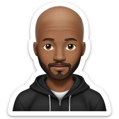 African yound man in his late 20s with a wink and  full short boxed beard and moutache , almost bald hair, black hoody sticker