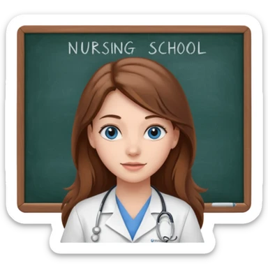 university classroom that says nursing school on the blackboard with a pretty female nursing student with long brown hair, blue eyes sticker