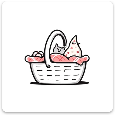A picnic basket with handle and lid, possibly with some items peeking out, in pastel colors (dd9fb0, ffc6d3, a3bfc9, c4bee2, f1b091), hand-drawn doodle style sticker