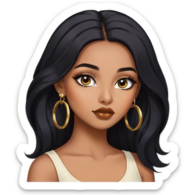 indian girl, brown skin, long black voluminous hair, brown underneath colored hair, baddie,pretty, makeup, lipliner, black eyeliner, gold hoop earrings, white top sticker
