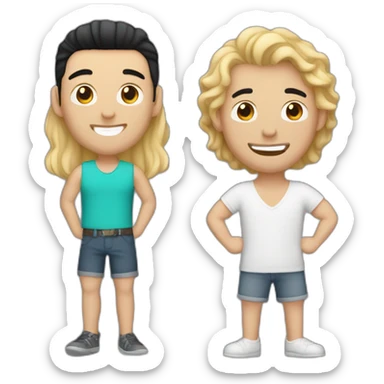 Gay couple, 1 guy Latino black straight black hair and 1 Australian white guy with blonde slightly curly hair holding a cat sticker