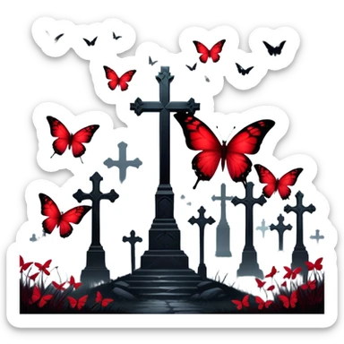 A mesmerizing scene where vibrant crimson butterflies dominate the foreground, their delicate wings glowing against the dark, misty background of shadowy Gothic crosses. The contrast between life and the eerie stillness of the crosses creates a haunting yet beautiful atmosphere. sticker