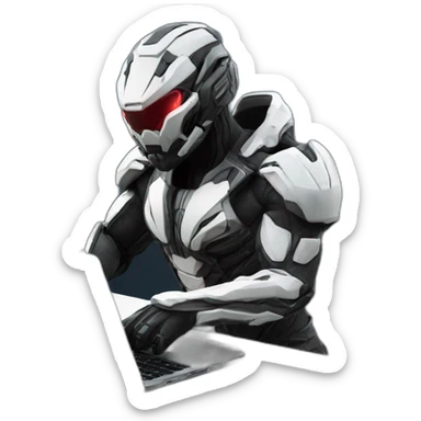 Side view developer behind his laptop with this style : Crytek Crysis Video game with nanosuit hacker themed character sticker