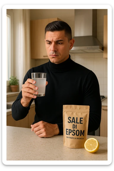 A realistic, bright photo-style image of a young man in his 30s standing in his kitchen, holding a clear glass filled with water in which Epsom salt (magnesium sulfate) has been dissolved. He looks focused but slightly uncertain as he prepares to drink it for a liver flush or digestive cleanse. The glass shows slight cloudiness from the dissolved salt. On the counter are a packet labeled 'Sale di Epsom' and a sliced lemon, suggesting he might use it to mask the taste. The setting is clean, natural, and bright with neutral tones. The background shows sunlight streaming through a window, emphasizing a clean, minimalist health-focused environment. The mood conveys a realistic, calm moment of self-care with a hint of discomfort, illustrating a natural detox practice in italiano sticker