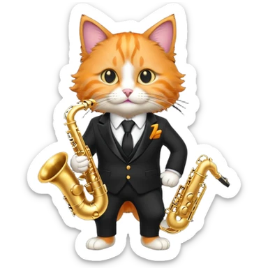 orange cat play gold saxophone, wear black suit sticker