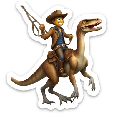 cowboy with a lasso that’s riding a velociraptor wearing a saddle sticker