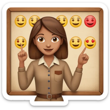Make an emoji of a Indian origin but fair skinned girl with brown hair who is teaching how to make emojis on a board pointing to the board like a teacher sticker