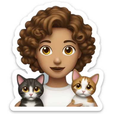 woman with brunette curly short hair playing with two cats sticker