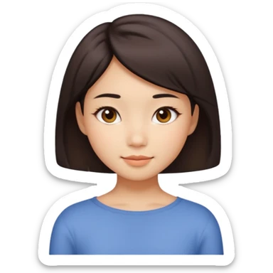 Girl with short shoulder level hair, dimple on the left corner of her chick and a Asian  sticker