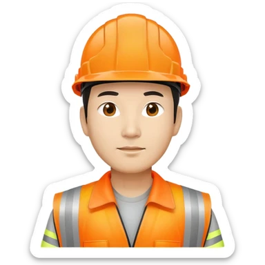 Chinese man wearing orange safety helmet and high visibility vest sticker